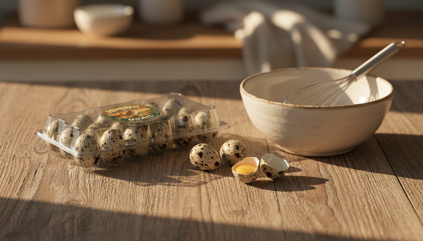 Farm-fresh coturnix quail eggs in a carton beside a mixing bowl