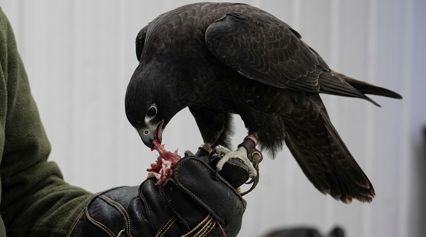 Dark falcon being fed quail from a falconer's gloved fist — feeder quail for falconry and raptors