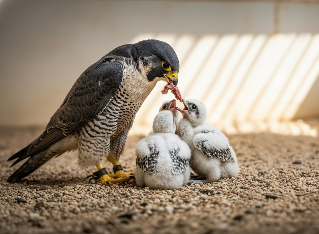 Peregrine falcon mother feeding her three chicks in the nest — wholesale feeder quail for raptor breeding operations