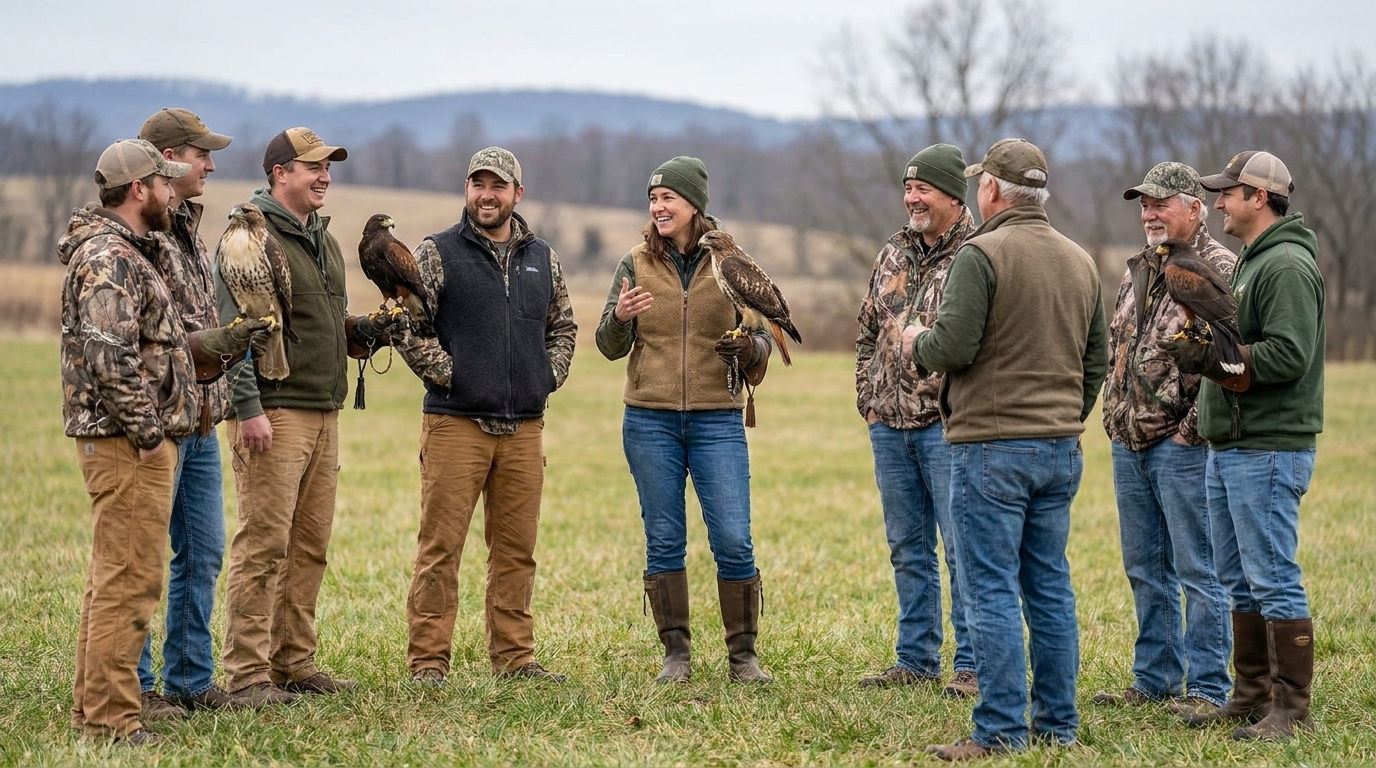 Group of falconers in a field with hawks on the glove — wholesale feeder quail for falconry clubs and organizations