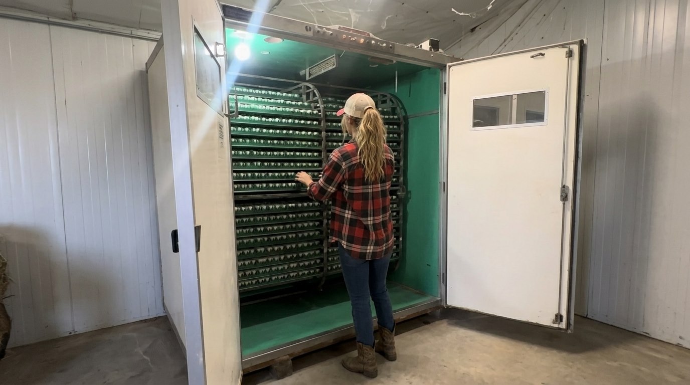 Jamie tending the quail egg incubator on the NorthStar Quail farm