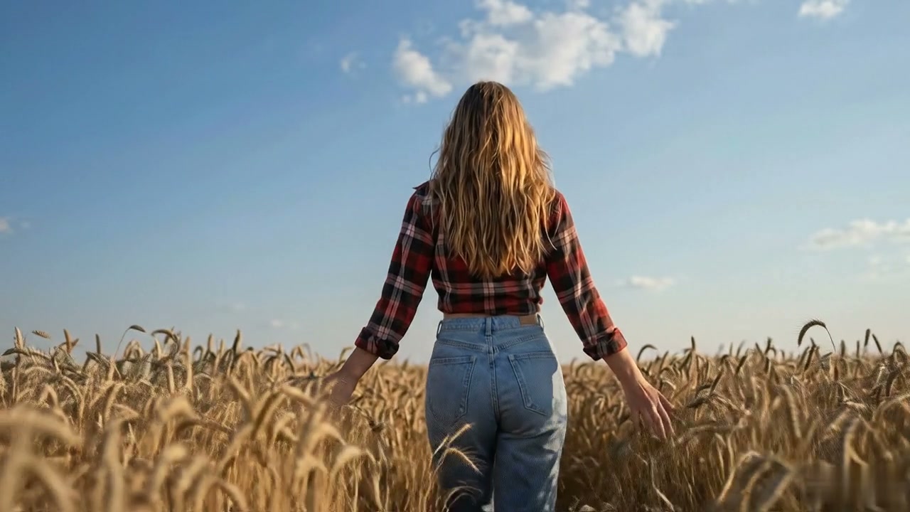 A woman in a wheat field on the NorthStar Quail farm, looking out across the field