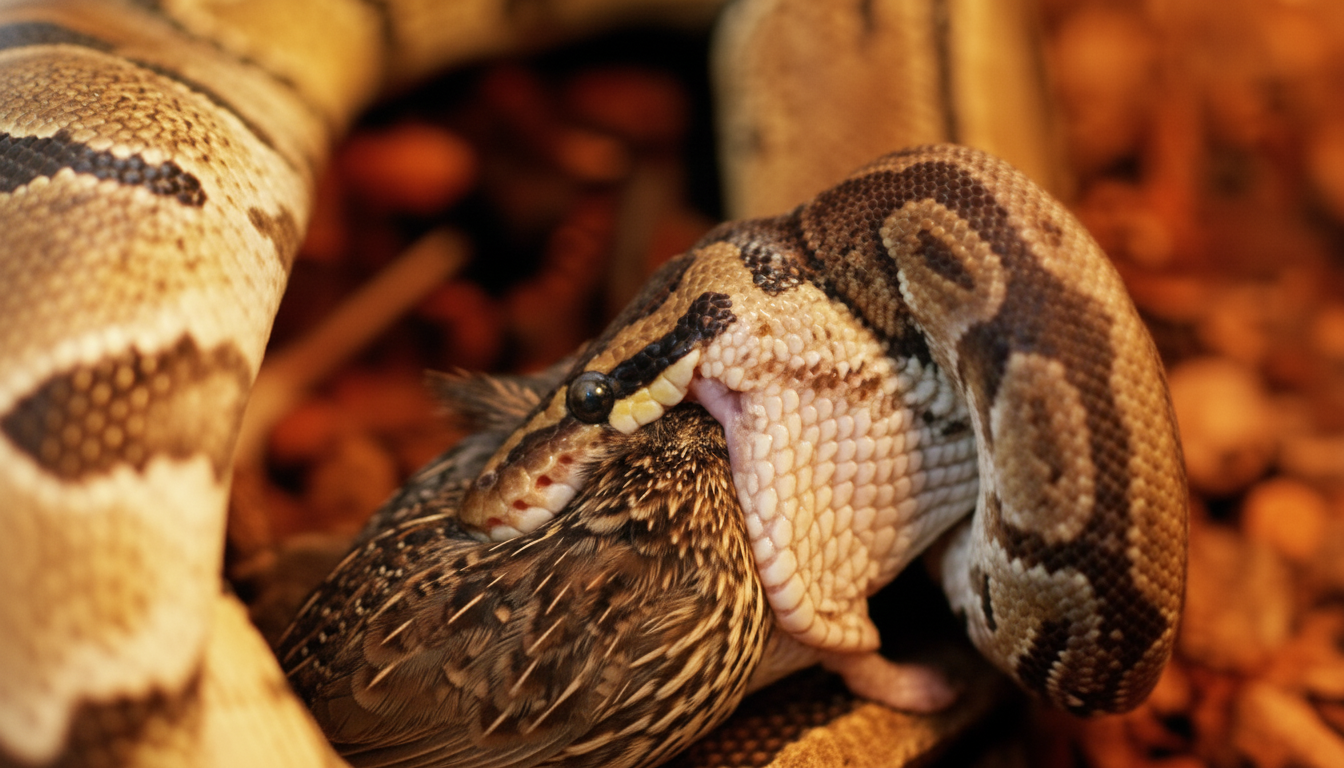 Ball python feeding on a coturnix quail — feeder quail for snakes and reptiles