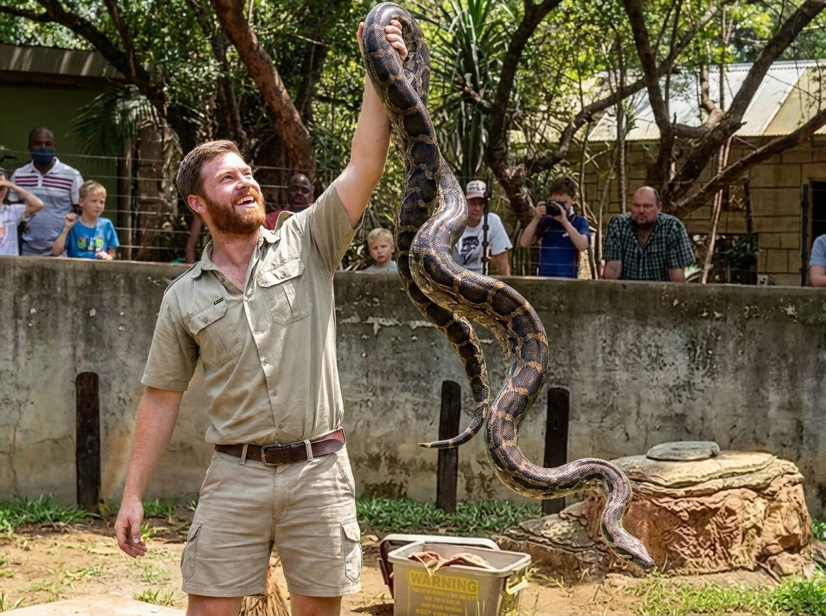 Zoo handler holding a large python during a wildlife education program — wholesale feeder quail for zoos, rehab, and wildlife institutions