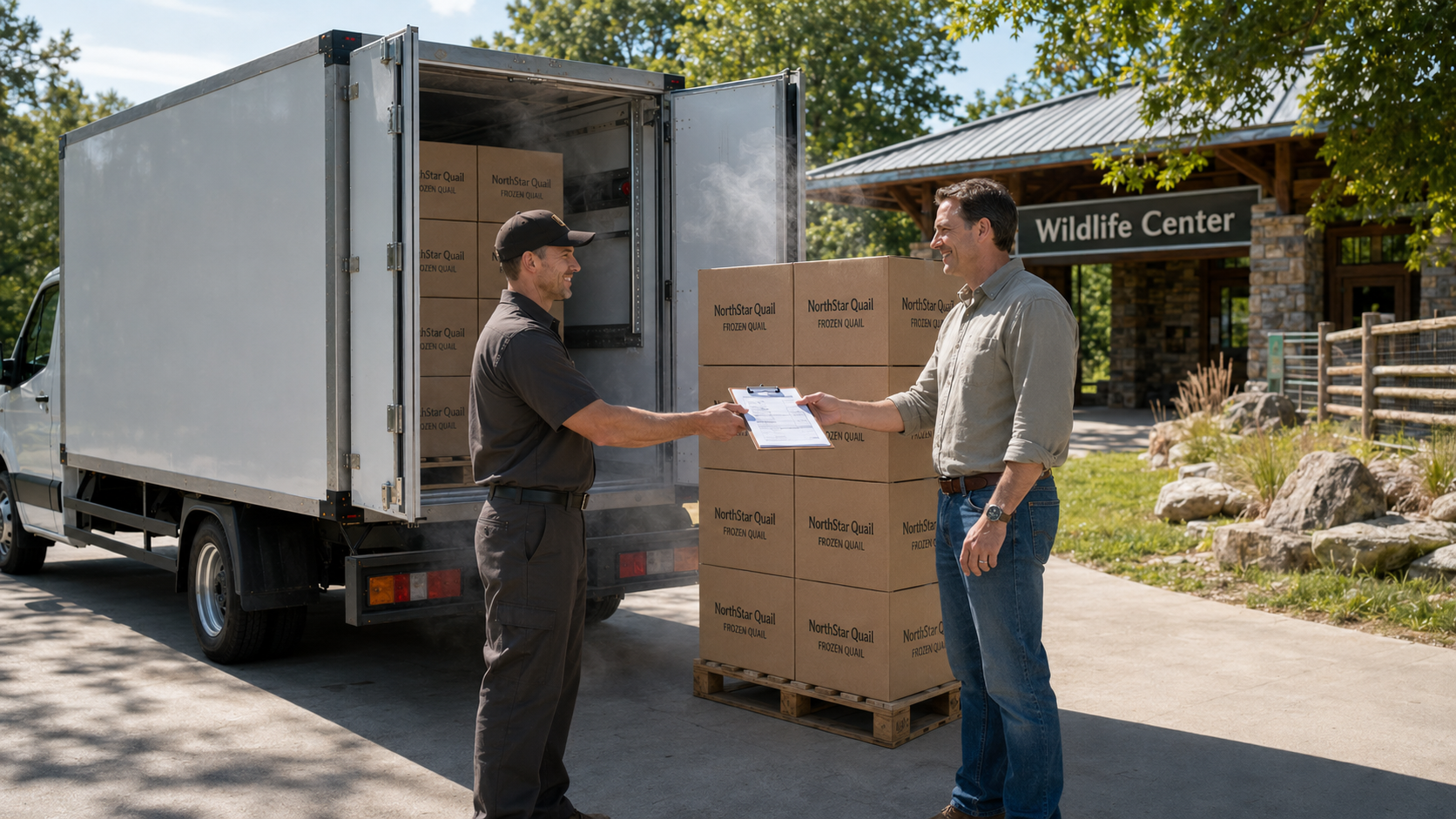 NorthStar Quail delivery truck with palletized branded boxes handed off to a wildlife center buyer