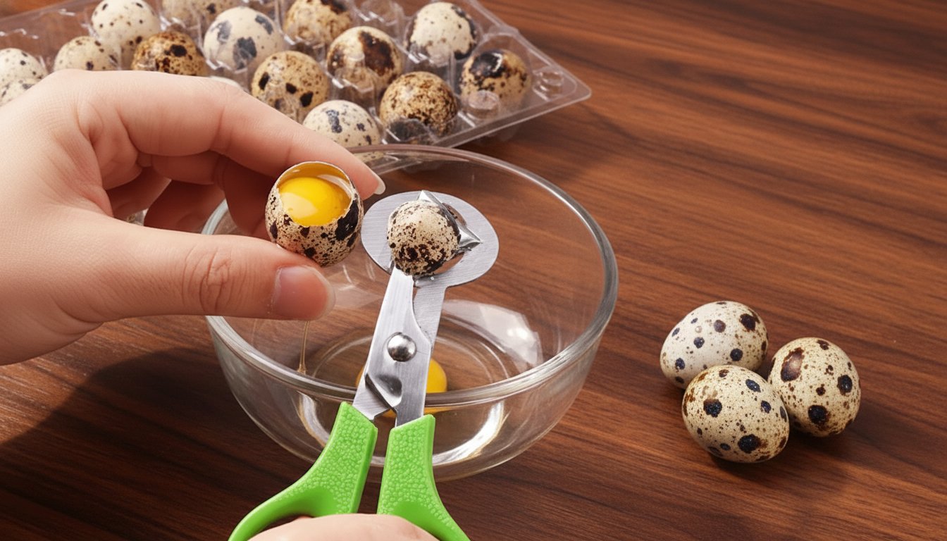 Egg topper scissors cutting the top off a quail egg