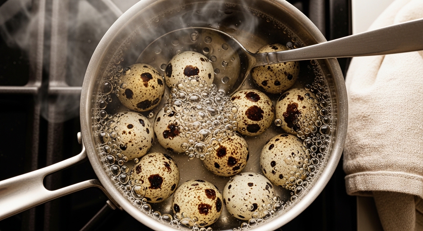 Soft-boiled quail eggs halved on a small plate showing jammy yolks