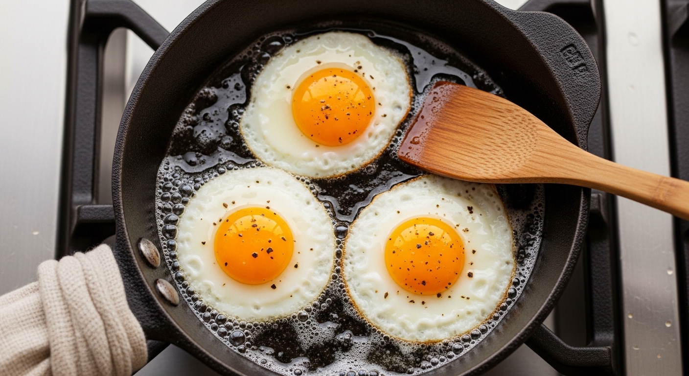 Quail eggs frying sunny-side up in a small cast-iron pan