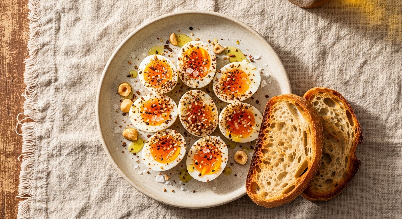 Soft-boiled quail eggs with dukkah and sea salt on cream linen