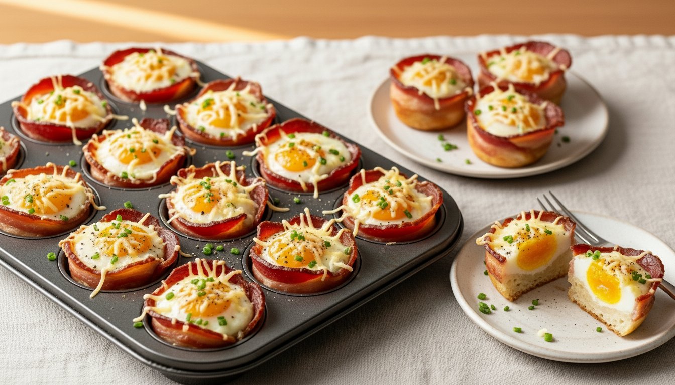 Keto breakfast bites — quail eggs in bacon-lined muffin tin with Gruyère
