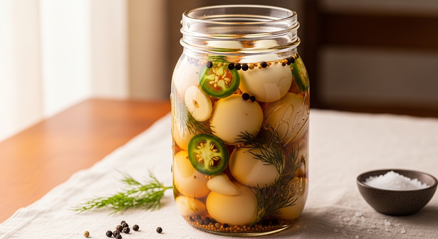 Spicy brined quail eggs with jalapeños and dill in a mason jar